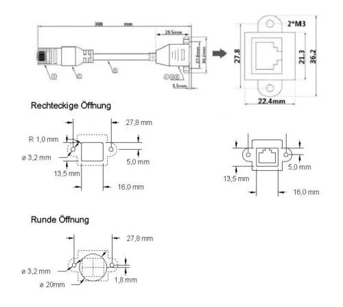 RJ45-Kabeldurchführung mit 20 cm Kabel