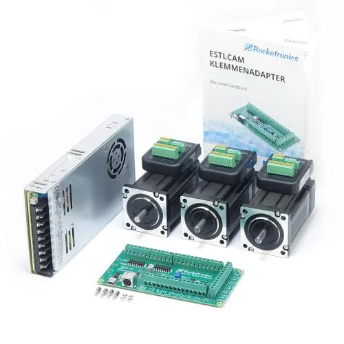 EstlCAM terminal adapter with 3x JMC closed loop motors NEMA24 / 3Nm and 36V power supply unit