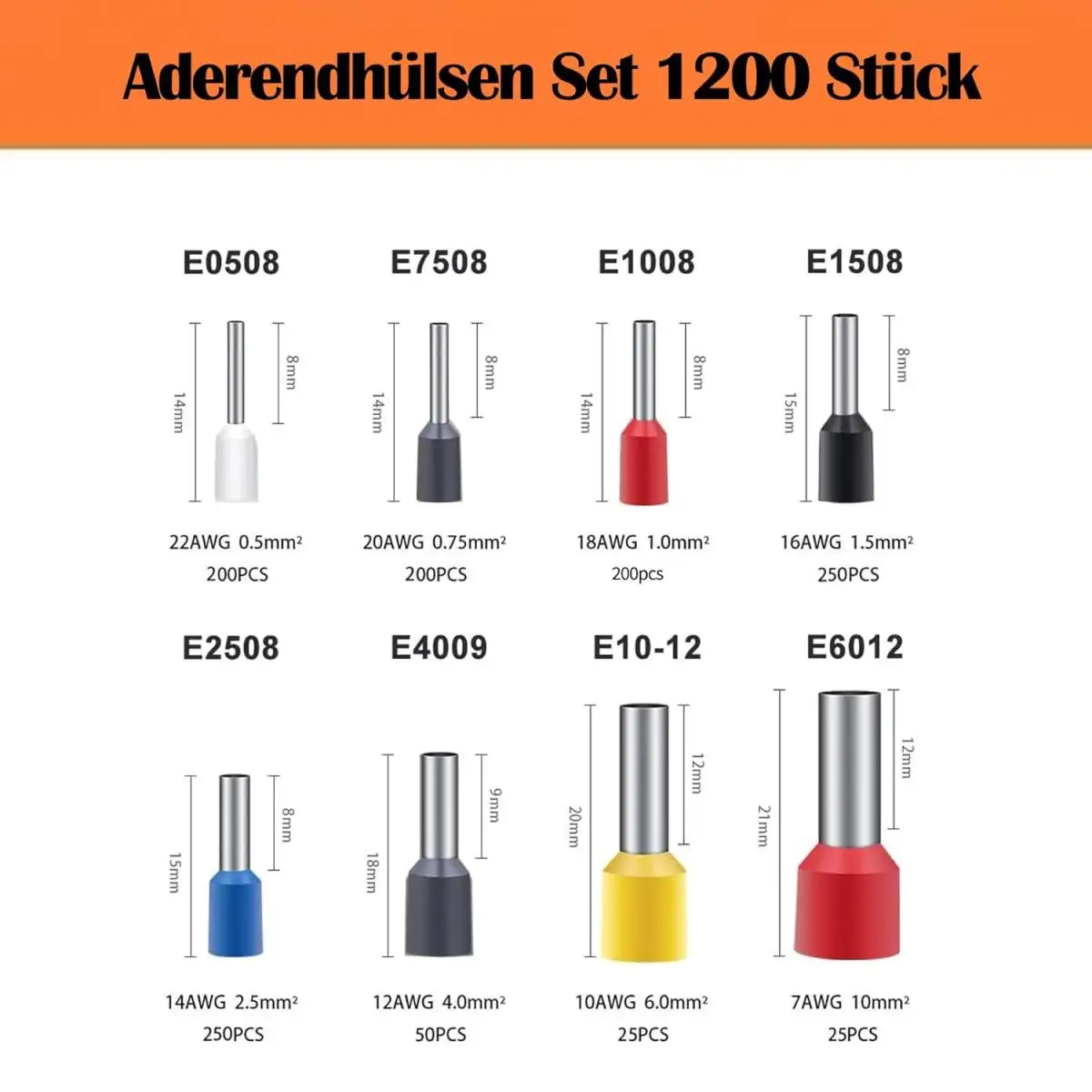 Aderendhülsen Set 1200 Stück, Aderendhülsen 0,5 mm² - 10 mm²