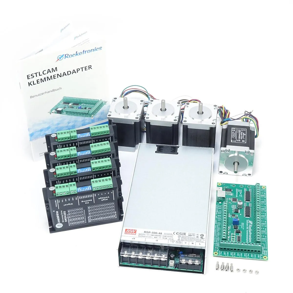 EstlCAM control with 4 stepper motors NEMA23 / 1,8Nm, 4 stepper motor drivers DM542EU and 2x48V power supply unit