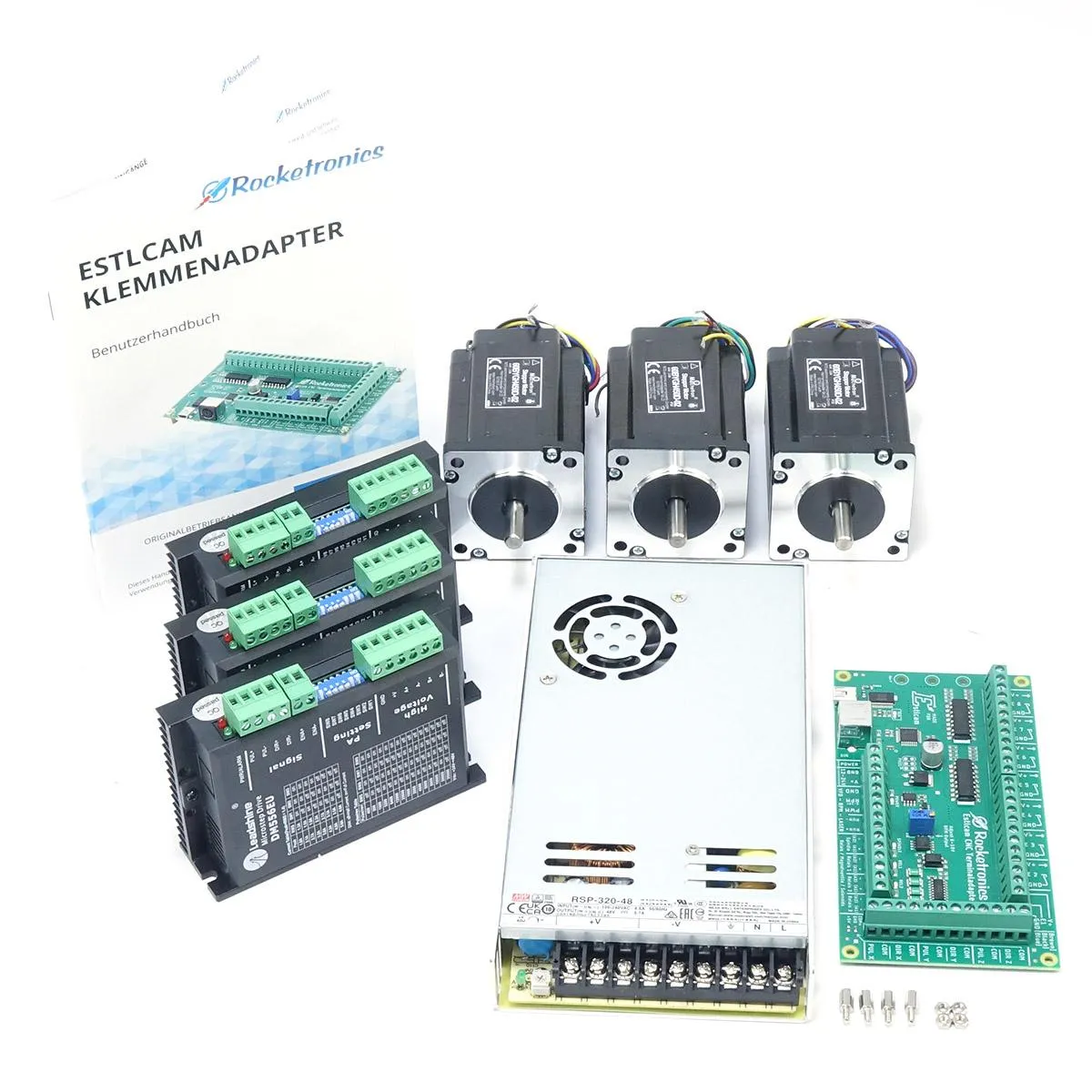 EstlCAM control with 3 stepper motors NEMA24 / 3,3Nm, 3 stepper motor drivers DM556EU and 48V power supply unit