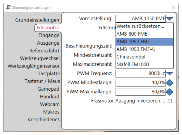 Voreinstellung des Fräsmotors in den CNC-Steuerungseinstellungen