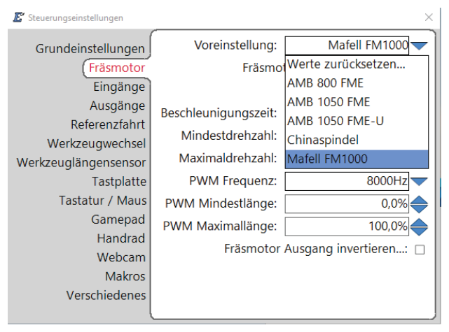 Voreinstellung „Mafell FM1000“ in den Steuerungseinstellungen