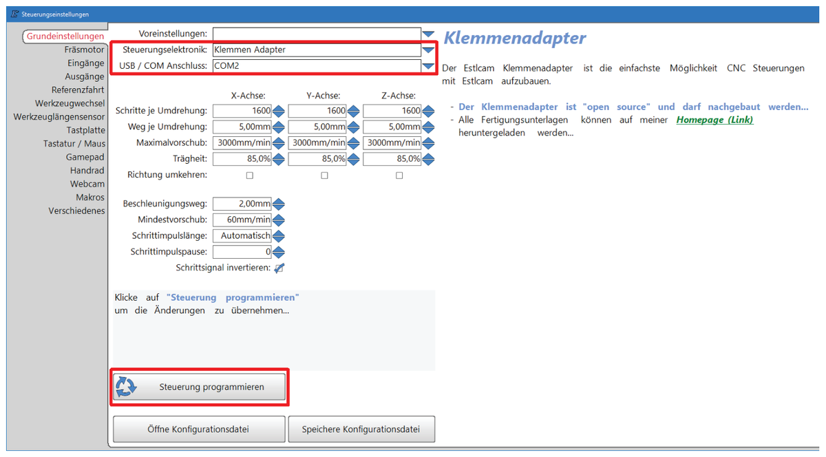 Steuerungseinstellungen mit ausgewähltem Klemmenadapter
