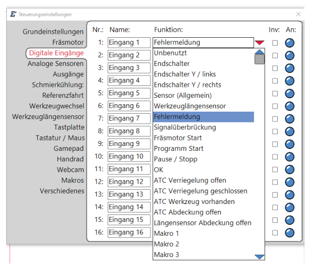 Zuordnung der Funktionen zu den Eingängen
