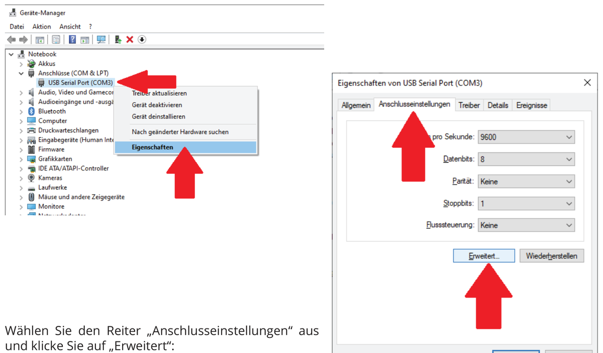 Eigenschaften des USB Serial Port öffnen und „Erweitert“ wählen