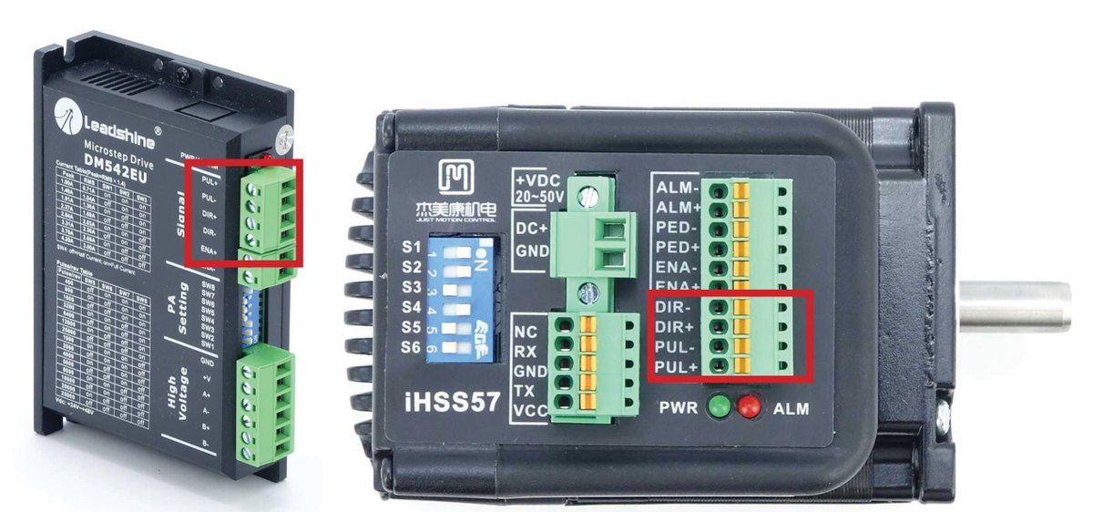 Signalklemmen an einer Leadshine DM542EU (links) und an einem Closed-Loop-Motor iHSS57 (rechts)