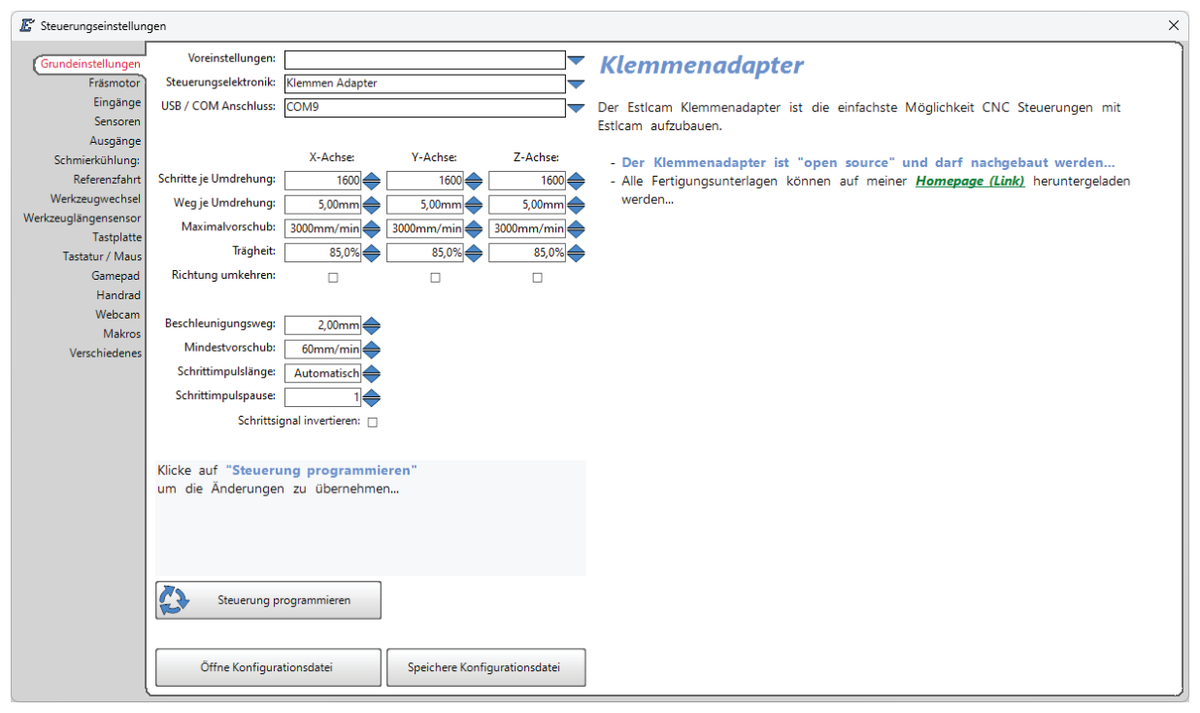 Steuerungseinstellungen in Estlcam mit ausgewähltem Klemmenadapter