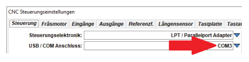 Eingetragener COM-Anschluss in den Steuerungseinstellungen