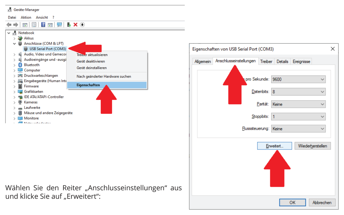 USB Serial Port im Geräte-Manager, Reiter Anschlusseinstellungen