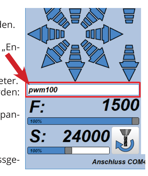 Kommandozeile der Steuerung mit dem Befehl pwm100