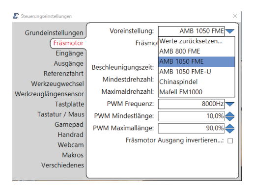 Steuerungseinstellungen: Voreinstellung des Fräsmotors wählen