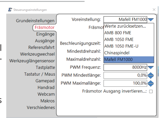 Voreinstellung Mafell MF1000 in den Steuerungseinstellungen