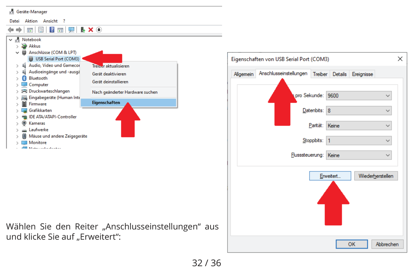 USB Serial Port im Geräte-Manager, Reiter Anschlusseinstellungen