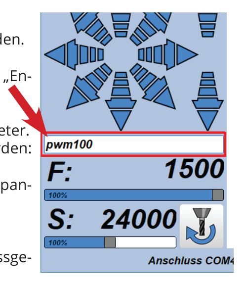 Kommandozeile der Steuerung mit dem Befehl pwm100