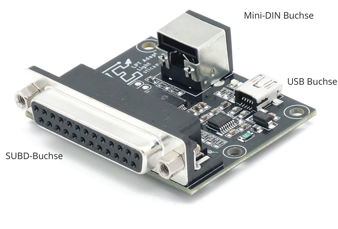 Die drei Anschlüsse des LPT-Light-Adapters