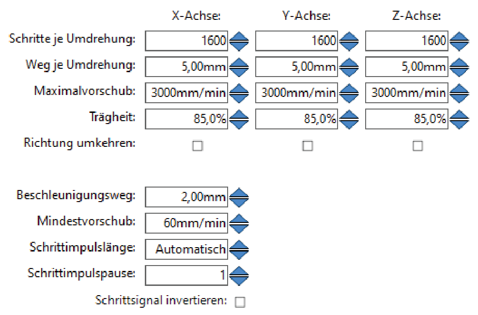 Grundeinstellungen der drei Achsen